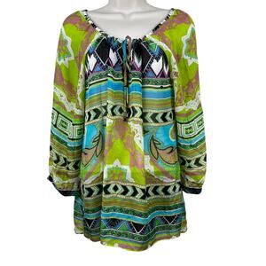 Hale Bob Cabana Blouse Top Silk Peasant Med Multi Color Beach Resort Artsy Boho